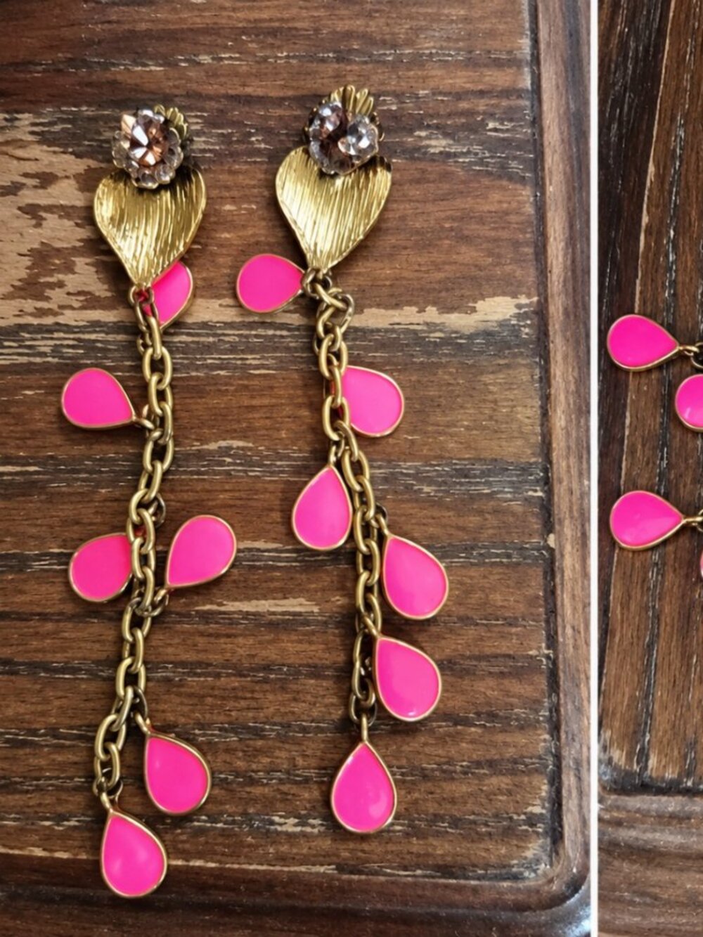 Gold Tone Crystal & Hot Pink Teardrop Statement Dangle Earrings